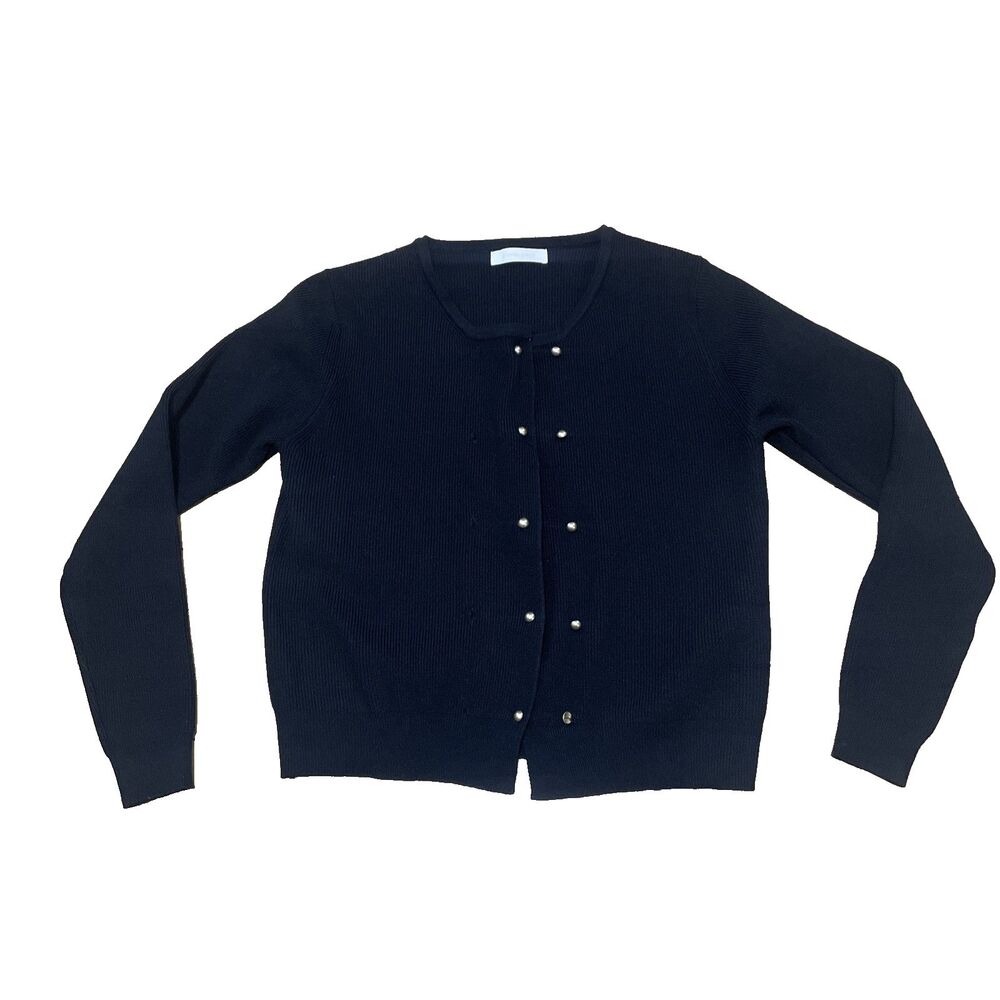 Monologue Cardigan Sweater Women M Black Ribbed Gold Button Old Money Minimalism